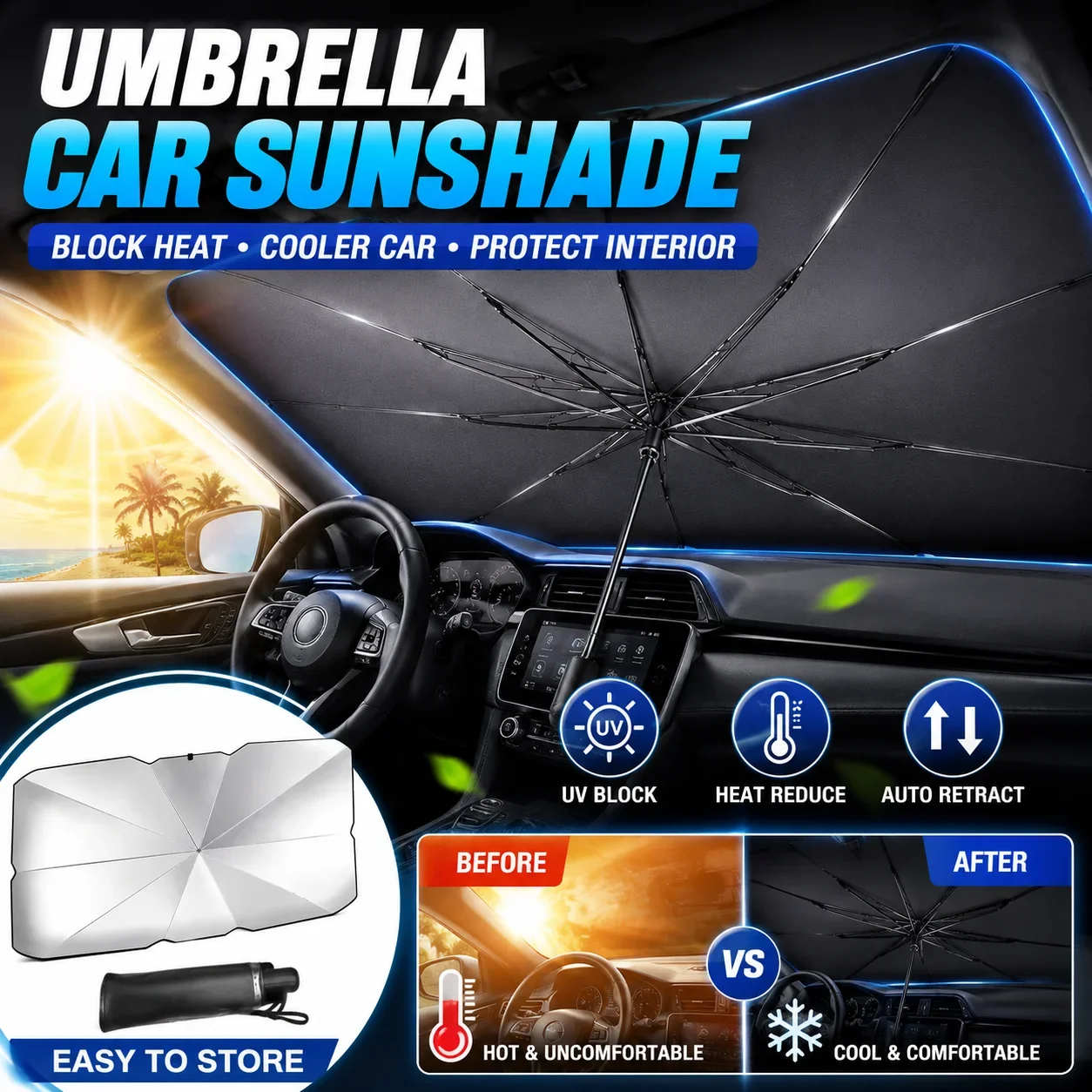 Car Sunshade Windshield Umbrella Foldable - Faltbarer Auto-Sonnenschirm Windschutzscheiben-Sonnenschutz mit Silberbeschichtung Anti-UV